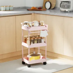 Carrito Auxiliar con Ruedas de 3 Niveles Carrito de Cocina con Cestas Extraíbles y Soporte para Toallas Rosa - Ogal.Es