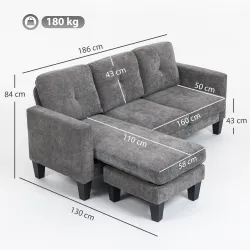 Sofá Chaise Longue Reversible con Estructura de Acero Tapizado en Chenilla 186x130x84cm Gris Oscuro - Ogal.Es
