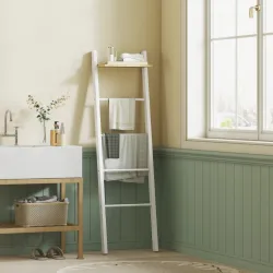 Toallero Escalera con Estante Superior y 4 Barras Toallero de Baño para Apoyar en Pared 43x20x151 cm Blanco y Roble - Ogal.Es
