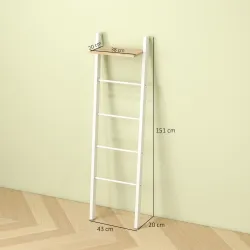 Toallero Escalera con Estante Superior y 4 Barras Toallero de Baño para Apoyar en Pared 43x20x151 cm Blanco y Roble - Ogal.Es