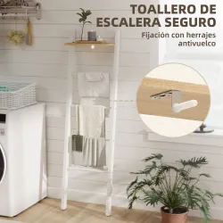 Toallero Escalera con Estante Superior y 4 Barras Toallero de Baño para Apoyar en Pared 43x20x151 cm Blanco y Roble - Ogal.Es