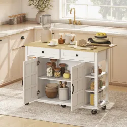 Isla de Cocina con Ruedas Encimera Plegable 2 Puertas con Cierre Suave 2 Cajones 6 Estantes Abiertos Blanco - Ogal.Es