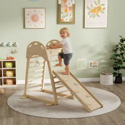 6 en 1 Triángulo de Escalada Montessori con Plataforma y Anillos Estructura de Escalada de Madera con Tobogán Na... - Ogal.Es