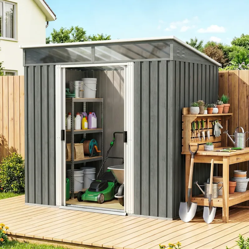 Caseta de Jardín 195x122x181,5 cm con Puerta Corredera 2 Ventanas y Anti-UV para Almacenar Herramientas Gris Claro - Ogal.Es