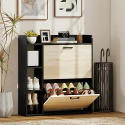 Zapatero Estrecho con 2 Puertas 3 Estantes Laterales y Estantes Ajustables para 15 Pares de Zapatos Natural y Negro - Ogal.Es