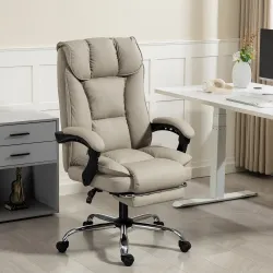Silla de Escritorio con Reposapiés Respaldo Reclinable Acolchado Grueso Tapizada en Cuero Sintético Caqui - Ogal.Es