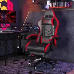 Silla Gaming de Cuero Sintético Reclinable 135° Reposacabezas y Reposapiés 65x65x121-129cm Negro y Rojo - Ogal.Es