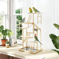 Parque de Juegos para Pájaros Soporte de Madera para Pájaros con Escaleras Columpio Cadena Bandeja Comederos - Ogal.Es