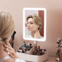 Espejo Maquillaje con Luz Recargable con 2 Modos de Iluminación Rotación de 180° Brillo Ajustable Blanco - Ogal.Es