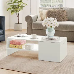 Mesa de Centro con Tablero Deslizante Moderna con Compartimento Oculto Estante Abierto 110x52x36 cm Blanco - Ogal.Es