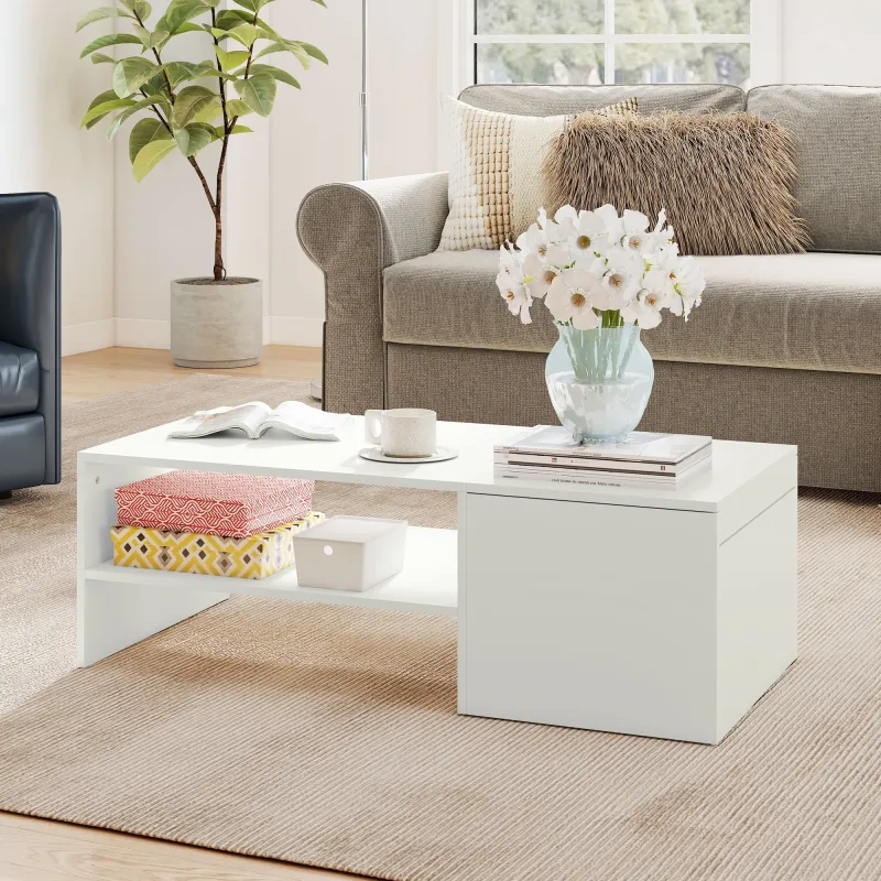 Mesa de Centro con Tablero Deslizante Moderna con Compartimento Oculto Estante Abierto 110x52x36 cm Blanco - Ogal.Es