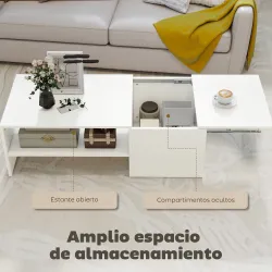 Mesa de Centro con Tablero Deslizante Moderna con Compartimento Oculto Estante Abierto 110x52x36 cm Blanco - Ogal.Es