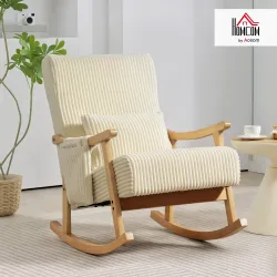 Silla Mecedora de Pana con Cojín Lumbar Patas y Reposabrazos de Madera de Caucho Bolsillo Estilo Moderno Beige - Ogal.Es