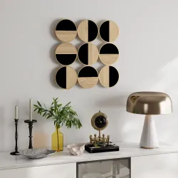 Cuadro Decorativo de Pared Geométrico Adorno Moderno 3D de 60x60 cm con Espejo de Plástico Negro y Madera Natural - Ogal.Es