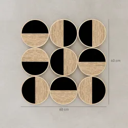 Cuadro Decorativo de Pared Geométrico Adorno Moderno 3D de 60x60 cm con Espejo de Plástico Negro y Madera Natural - Ogal.Es