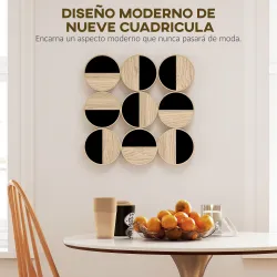 Cuadro Decorativo de Pared Geométrico Adorno Moderno 3D de 60x60 cm con Espejo de Plástico Negro y Madera Natural - Ogal.Es
