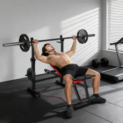 Banco de Musculación Multifuncional con Soporte para Barra Ajustable y Respaldo Regulable para Casa Gimnasio - Ogal.Es