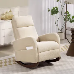 Silla Mecedora de Pana con Respaldo Alto Patas de Madera de Caucho Bolsillos Reposabrazos Estilo Moderno Beige - Ogal.Es