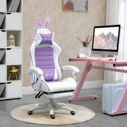 Silla Gaming de Cuero Sintético Reclinable 135° Reposacabezas Soporte Lumbar y Reposapiés 65x63x136-142 cm Púrpura - Ogal.Es