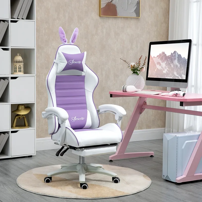 Silla Gaming de Cuero Sintético Reclinable 135° Reposacabezas Soporte Lumbar y Reposapiés 65x63x136-142 cm Púrpura - Ogal.Es