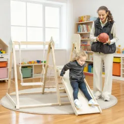 Tobogán Infantil 5 en 1 Estructura de Escalada con Tobogán Columpio Aro de Baloncesto Tabla Red de Escalada Natural - Ogal.Es