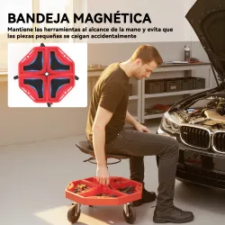 Taburete de Taller Móvil con Bandeja Magnética Ruedas Altura Ajustable de 52–59,5 cm Carga 135 kg para Garaje Rojo - Ogal.Es