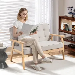 Sofá de 2 Plazas Tapizado en Lino Sintético Sofá Nórdico con Patas y Reposabrazos de Madera 113x67x78 cm Beige - Ogal.Es