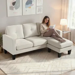 Sofá Chaise Longue Reversible con Estructura de Acero Tapizado en Chenilla 186x130x84cm Crema - Ogal.Es