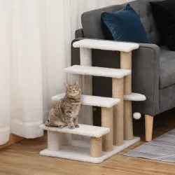 Escalera para Gatos de 4 Niveles Cubierto de Suave Felpa Poste de Yute Bola Colgante 60x40x64 cm Blanco - Ogal.Es