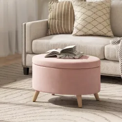 Puff Almacenaje Ovalado Banco Almacenaje 71x51,5x42 cm Tapizado en Terciopelo con Patas de Madera Maciza Rosa Claro - Ogal.Es
