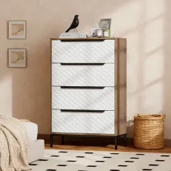 Cómoda con 4 Cajones de Tela Frentes con Patrón de Diamante para Salón Oficina Vestidor Natural y Blanco - Ogal.Es