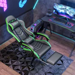 Silla Gaming de Cuero Sintético Reclinable 135° Reposacabezas y Reposapiés 65x65x121-129cm Negro y Verde - Ogal.Es