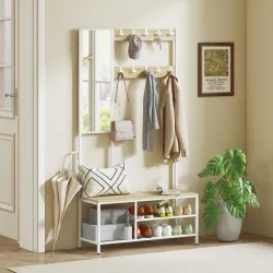 Perchero Zapatero con Espejo 3 Estantes Banco 10 Ganchos Ajustables Estilo Moderno para Pasillo 98x34x186 cm Nat... - Ogal.Es