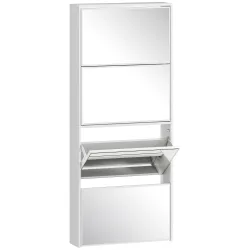 Zapatero Estrecho con Espejo y 4 Puertas Abatibles para 12 Pares de Zapatos 63x17x146 cm Blanco - Ogal.Es