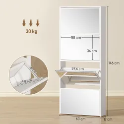 Zapatero Estrecho con Espejo y 4 Puertas Abatibles para 12 Pares de Zapatos 63x17x146 cm Blanco - Ogal.Es