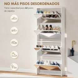 Zapatero Estrecho con Espejo y 4 Puertas Abatibles para 12 Pares de Zapatos 63x17x146 cm Blanco - Ogal.Es