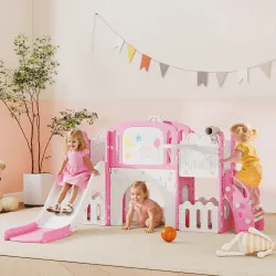 Tobogán Infantil 7 en 1 Temática de Rana con Aro de Baloncesto Túnel Pizarra Telescopio Escalador y Cajas Rosa - Ogal.Es