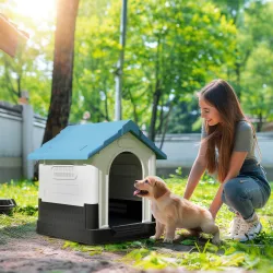 Caseta para Perros Mini para Exterior de Plástico con 3 Ventanas Base Elevada Techo Inclinado 64,5x57x66 cm Azul - Ogal.Es