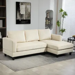Sofá Chaise Longue de 3 Plazas en Forma de L Tapizado en Pana Asiento y Respaldo Acolchados 214x134x87 cm Beige - Ogal.Es