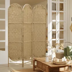 Biombo Separador de Ambientes 3 Paneles 120x170 cm con Parte Superior Arqueada Tejido a Mano Divisor Plegable Na... - Ogal.Es