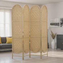 Biombo Separador de Ambientes 4 Paneles 160x170 cm con Parte Superior Arqueada Tejido a Mano Divisor Plegable Na... - Ogal.Es
