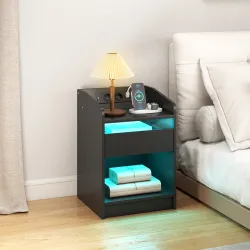Mesita de Noche con Estación de Carga Luz LED RGB Cajón Estante Abierto Puertos USB y Control Remoto 40x40x58 Cm... - Ogal.Es