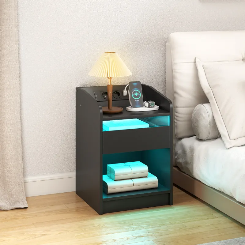 Mesita de Noche con Estación de Carga Luz LED RGB Cajón Estante Abierto Puertos USB y Control Remoto 40x40x58 Cm... - Ogal.Es