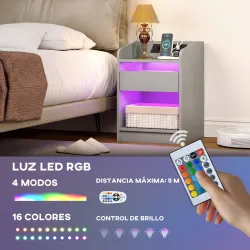 Mesita de Noche con Estación de Carga Luz LED RGB Cajón Estante Abierto Puertos USB y Control Remoto 40x40x58 Cm... - Ogal.Es