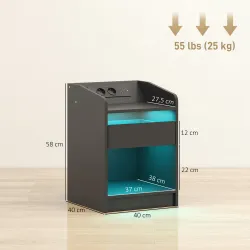 Mesita de Noche con Estación de Carga Luz LED RGB Cajón Estante Abierto Puertos USB y Control Remoto 40x40x58 Cm... - Ogal.Es