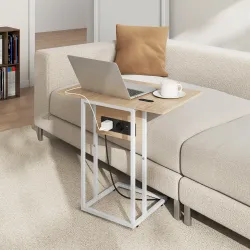 Mesa Auxiliar para Sofá con Encimera Plegable y Estación de Carga Forma de C para Salón Blanco y Natural - Ogal.Es