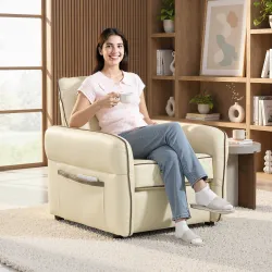 Butaca de Salón Tapizada en Cuero Sintético Sillón Relax con Reposabrazos Acolchado Grueso para Dormitorio Beige - Ogal.Es