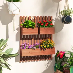 Jardinera de Pared de Madera con Enrejado y 3 Macetas Móviles para Jardín Terraza Patio 60x16x80 cm Marrón - Ogal.Es