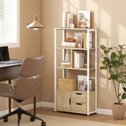 Librería Estantería para Libros con Estantes Cajones y Puerta 58x24x122 cm Estilo Industrial Blanco y Madera Nat... - Ogal.Es