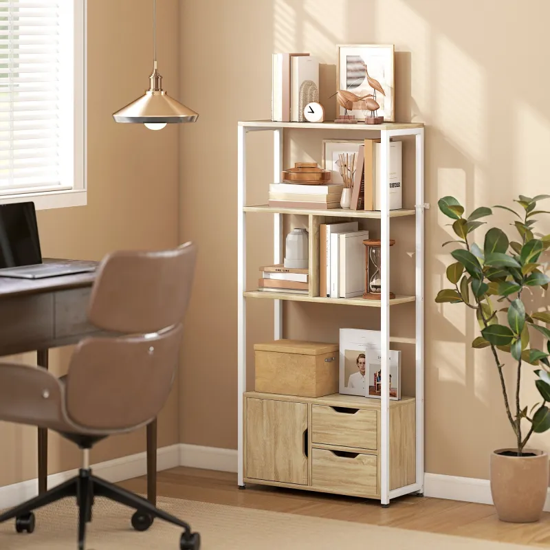 Librería Estantería para Libros con Estantes Cajones y Puerta 58x24x122 cm Estilo Industrial Blanco y Madera Nat... - Ogal.Es